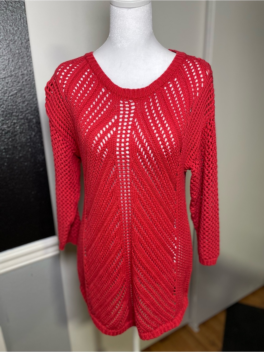 Chelsea & Theodore Coral Open-Knit Sweater